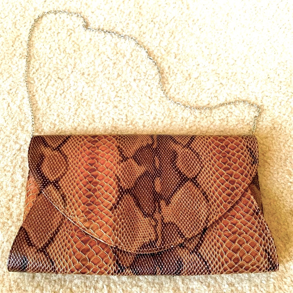 Brown Snakeskin Envelope Clutch NEW